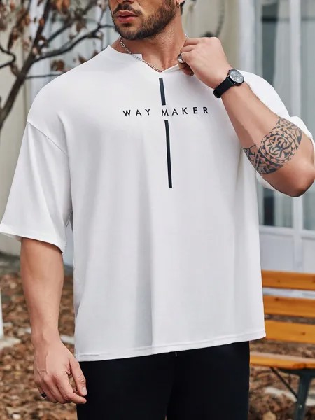 SHEIN Manfinity Homme Мужская свободная повседневная футболка больших размеров, буквенный узор, заниженная линия плеча, белый цвет