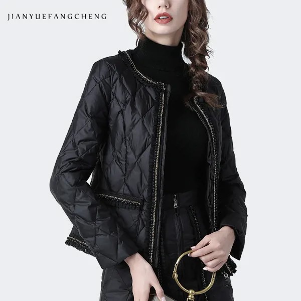 Модная черная короткая пуховая куртка с круглым вырезом, Женское зимнее пальто, теплые легкие облегающие женские пуховики с высокой талией