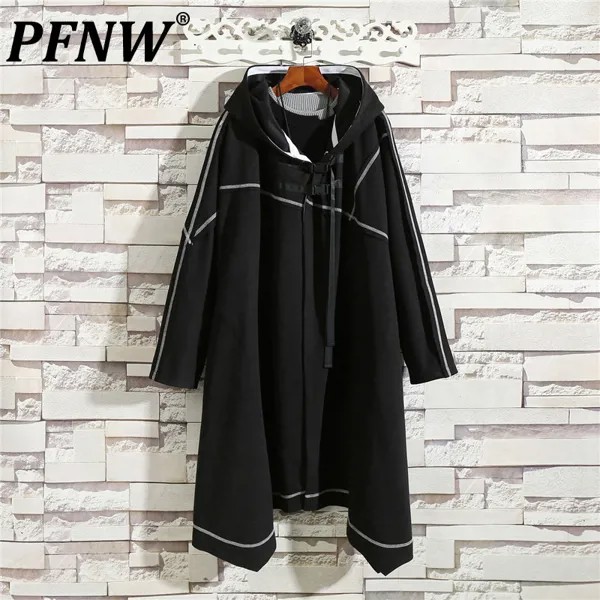 Мужской плащ с капюшоном PFNW, асимметричный плащ-ветровка с капюшоном, черный контрастный плащ, модель 12A7807 на весну и осень