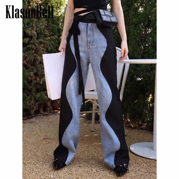 6,10 KlasonBell модные повседневные волнистые контрастные Цветные Лоскутные прямые женские джинсы с высокой талией