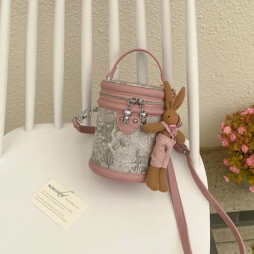Сумка бочонок BeiBaoBao, фактура плетеная, серебряный, розовый