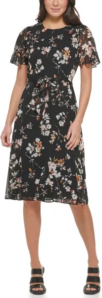 Платье DKNY Chiffon Godet Sleeve and Skirt, цвет Black Multi
