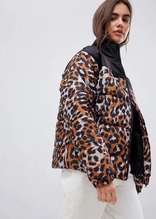 Дутая куртка с леопардовым принтом Daisy Street-Коричневый