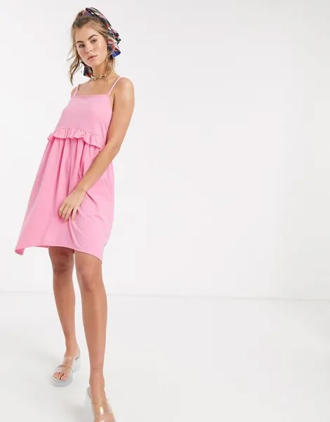 Розовый сарафан мини на бретельках с оборкой ASOS DESIGN