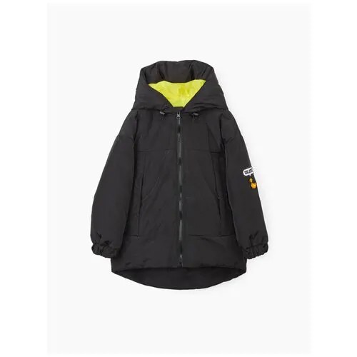 89050, Куртка зимняя Happy Baby для девочек, для мальчиков, с удлинённой спинкой и капюшоном, истинно-чёрный, 110-116