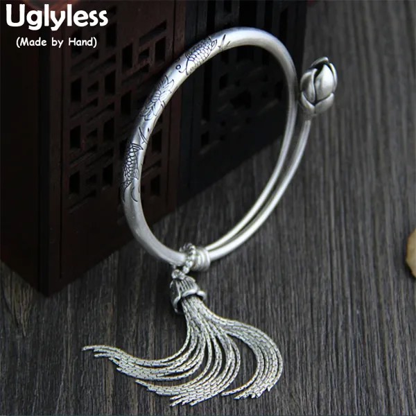 Uglyless Real S 990 серебряные женские ювелирные изделия ручной работы Резные Лотос рыбы регулируемые браслеты этнические цепи Подвески Браслет