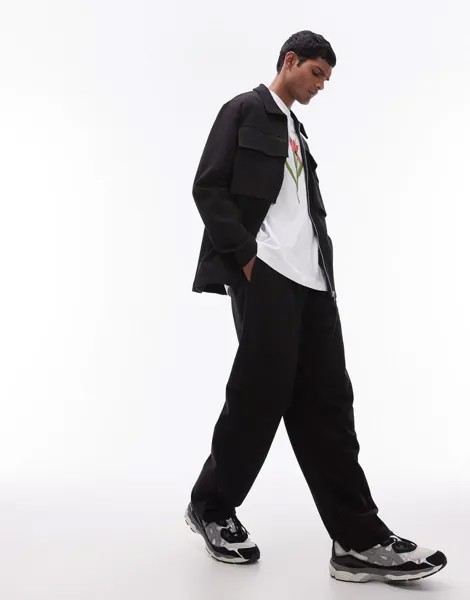 Черные спортивные брюки прямого кроя со складками Topman