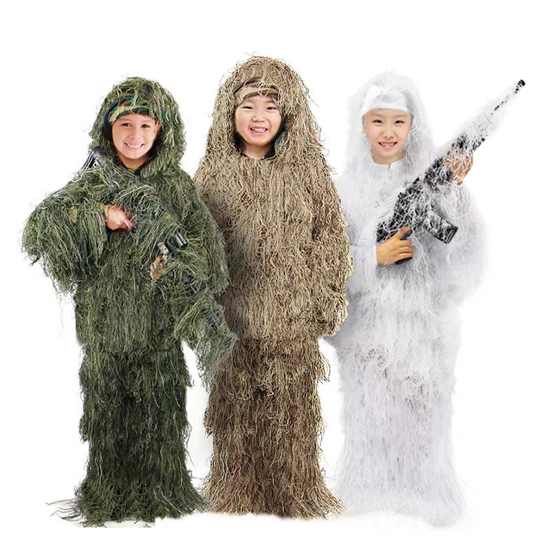 Мужской Женский Детский уличный костюм Ghillie, камуфляжная одежда, тренировочная одежда в виде листьев, охотничий костюм, брюки, куртка с капю...