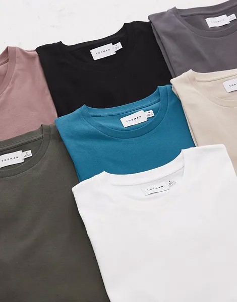 Topman — набор из 7 классических футболок черного, белого, темно-серого, серого, хаки и бирюзового цветов