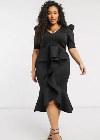 Черное платье миди с пышными рукавами, глубоким вырезом и оборками спереди True Violet Plus-Черный цвет