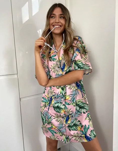 Платье-рубашка мини с тропическим принтом ASOS DESIGN-Розовый