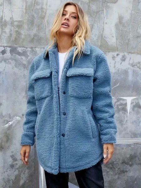 Milanoo Womens Faux Fur Coats Blue Long Sleeves Front Button Turndown Collar Coat Short Overcoat