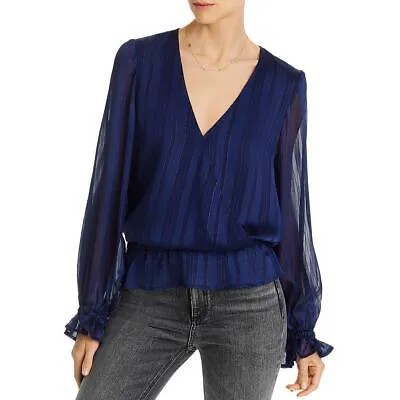 Aqua Womens Navy Metallic Sheer Crop Top Blouse XS BHFO 4697