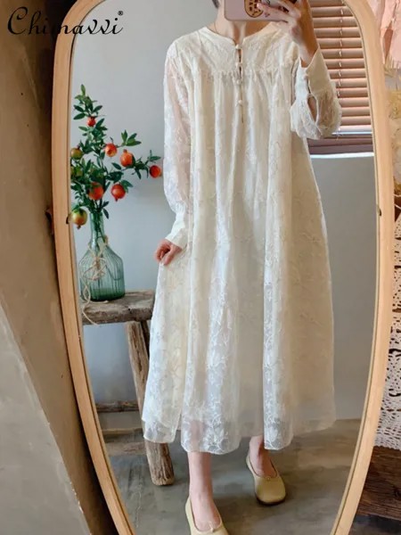 Новинка 2023, весеннее кружевное платье во французском стиле с длинным рукавом для женщин, милый пуловер в дворцовом стиле, длинное Сетчатое платье абрикосового цвета