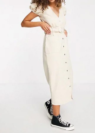 Джинсовое платье миди цвета экрю с поясом ASOS DESIGN-Белый