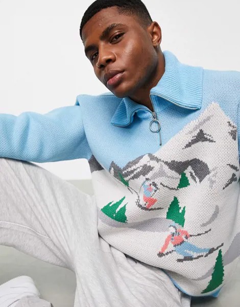 Голубой джемпер на молнии с узором горного пейзажа ASOS DESIGN