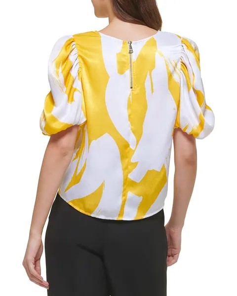 Блуза DKNY Short Sleeve Printed Satin Blouse, цвет White/Pop Yellow Multi