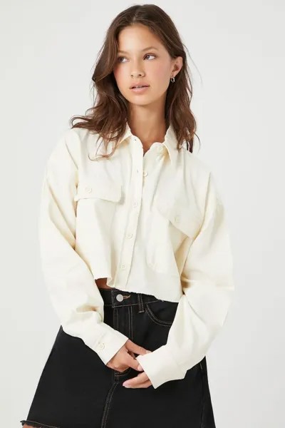 Укороченная рубашка из твила с потертостями Forever 21, слоновая кость