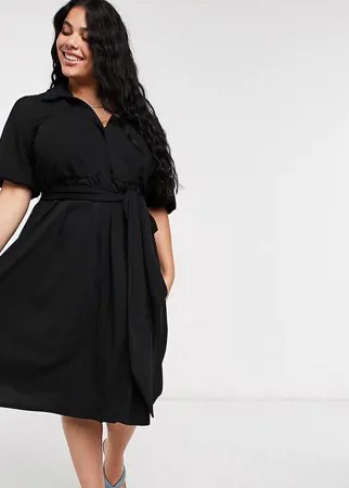 Черное платье-рубашка миди с запахом и поясом ASOS DESIGN Curve-Черный цвет