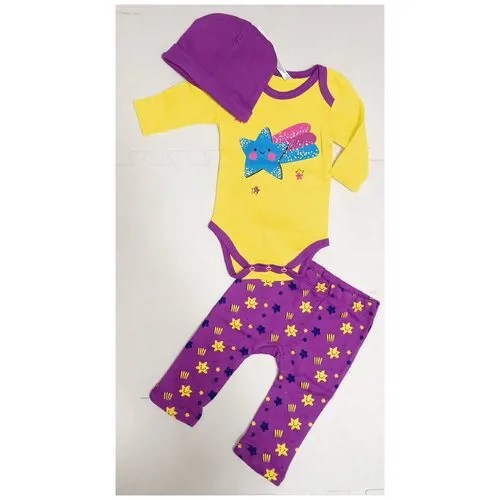 Комплект одежды   детский, брюки и шапка и боди, застежка под подгузник, размер 74, фиолетовый, желтый