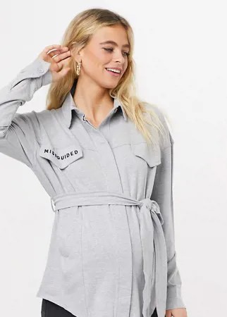 Серая трикотажная рубашка с поясом и декоративной вышивкой Missguided Maternity-Серый