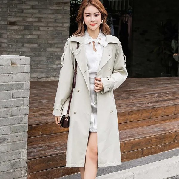 Мода 2020 осенние корейские женские куртки ветровка с отворотами рукава реглан двубортный шнуровка Пояс бант длинный плащ