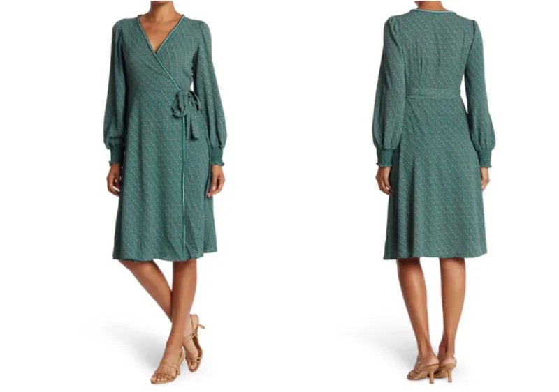 NEW MAX STUDIO Зеленое платье в горошек с рукавами-воздушными шарами и V-образным вырезом с запахом S = 4/6
