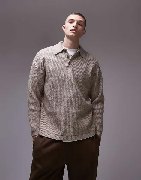 Topman – вязаный свитер-поло овсяного цвета свободного кроя