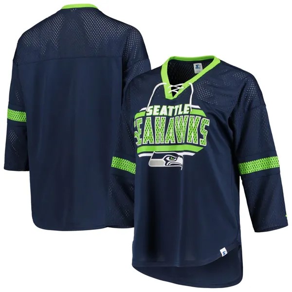 Женская футболка для начинающих с v-образным вырезом и рукавами 3/4, темно-синяя футболка Seattle Seahawks Lead Game со шнуровкой Starter