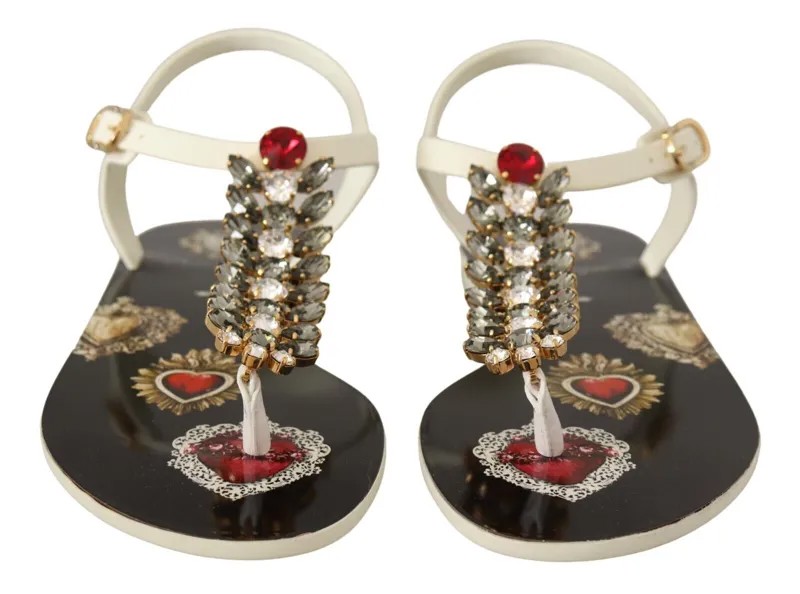 DOLCE - GABBANA Обувь Черно-белые сандалии с кристаллами в форме сердца Шлепанцы EU38 / US7.5