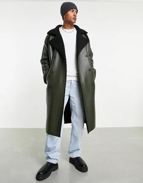 Тренч из искусственной кожи цвета хаки с подкладкой из искусственного меха ASOS DESIGN-Зеленый цвет