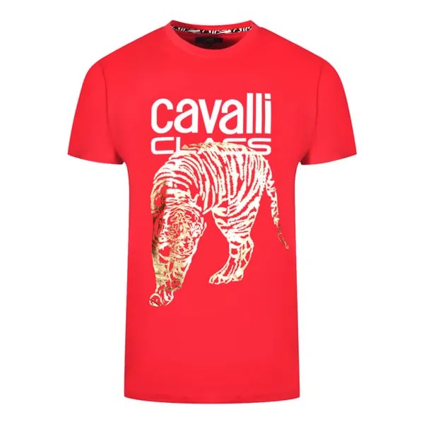 Футболка с большим золотым логотипом в виде тигра Cavalli Class, красный