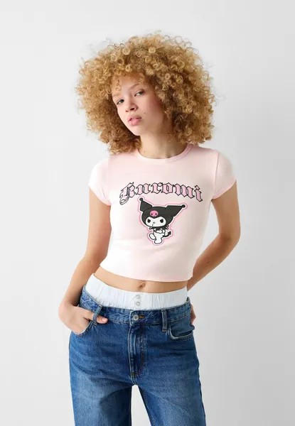 Футболка с принтом SHORT SLEEVE KUROMI Bershka, цвет light pink