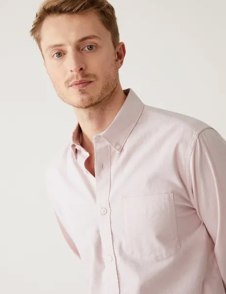 Оксфордская рубашка приталенного кроя из чистого хлопка Marks & Spencer, розовый