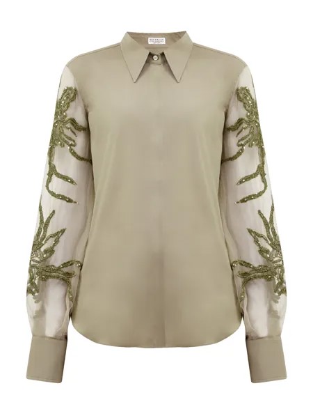 Блуза из хлопка и органзы с вышивкой Marine Flower