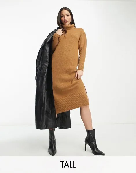 Коричневое трикотажное платье миди с высоким воротником New Look