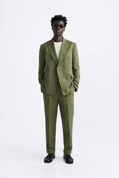 Пиджак прямого кроя из смеси льна и хлопка ZARA, зеленый