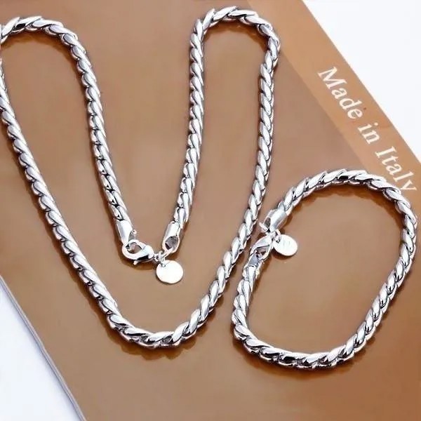 2PCS/Set Новая мода Мужчины Стерлинг ювелирные изделия Установить Извилистый веревка цепь ожерелье браслет