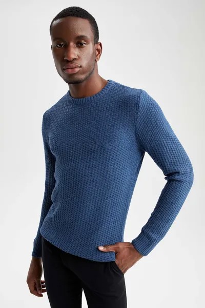 Рельефный свитер с овальным вырезом горловины Defacto, синий