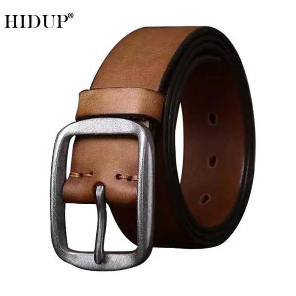 Ремень HIDUP NWJ1101 мужской из натуральной кожи, металлический пояс из воловьей кожи в стиле ретро, с пряжкой из нержавеющей стали, аксессуар для джинсов