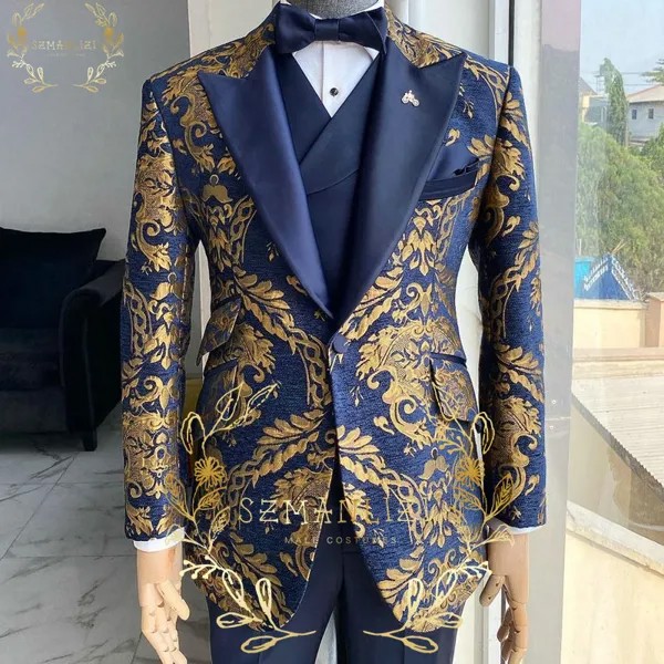 Новинка 2022 роскошные золотые Цветочные темно-синие мужские костюмы из 3 предметов смокинг для жениха куртка Свадебные костюмы для мужчин бл...