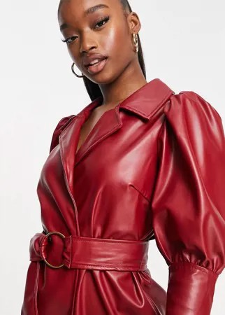 Темно-бордовое платье-пиджак мини из искусственной кожи с пышными рукавами и поясом Saint Genies-Красный