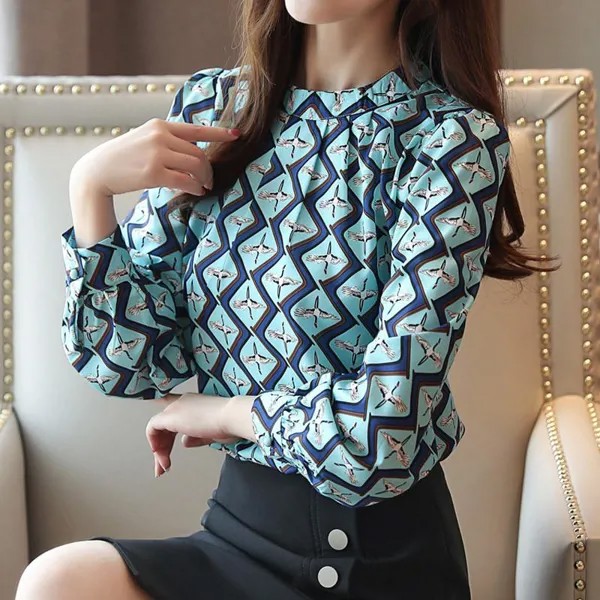 SURE XIAO STORY Корейская модная одежда Повседневная повседневная с длинным рукавом Шифоновая блузка Женщины Принт O-образный вырез Блузка