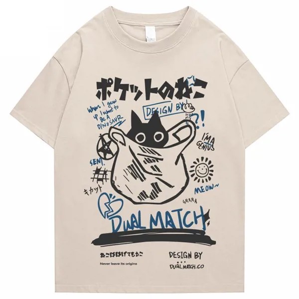 Хип-хоп футболка Мужчины Уличная одежда Японская Кандзи Смешная Кошка Печатная футболка 2022 Мужчины Харадзюку Повседневный короткий рукав Футболки Топы