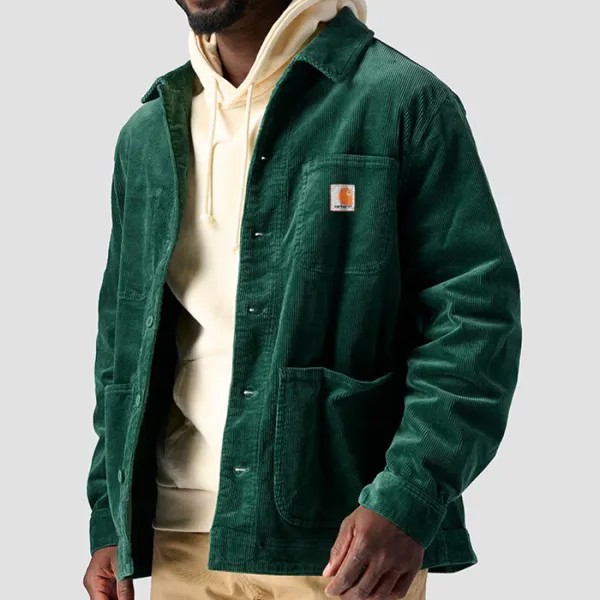 Мужская винтажная вельветовая куртка для улицы с несколькими карманами повседневное вельветовое пальто для работы темно-зеленый