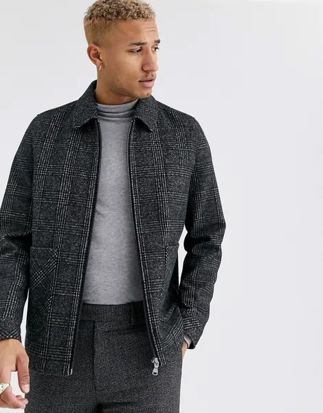Серая куртка Харрингтон в клетку с добавлением шерсти ASOS DESIGN-Черный цвет