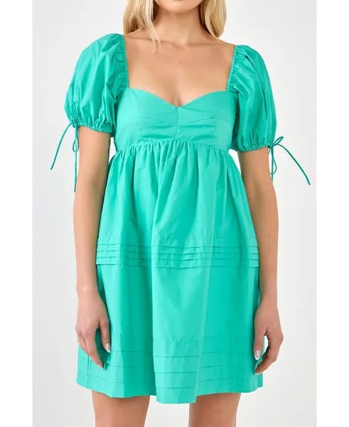 Женское мини-платье со складками и пышными рукавами English Factory, зеленый