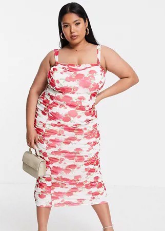 Сетчатое платье на бретелях с цветочным принтом и сборками ASOS DESIGN Curve-Multi