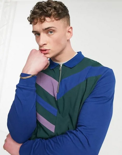 Свободный лонгслив с воротником поло в стиле колор блок ASOS DESIGN-Зеленый цвет