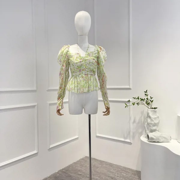 Высококачественный однотонный зеленый цветочный лиф на завязках, блузка с баской на подоле, 2023